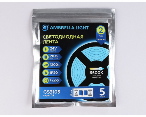 Дополнительное фото Лента светодиодная Ambrella Light LED Strip 24В 2835 10Вт/м 6500K 5м IP20 GS3103: Купить в Интернет магазин освещения GCSVET.RU