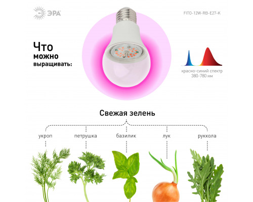 Дополнительное фото Светодиодная лампа для растений ЭРА E27 12W 1310K FITO-12W-RB-E27-K Б0039070: Купить в Интернет магазин освещения GCSVET.RU