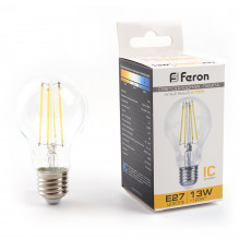Филаментная лампа светодиодная Feron E27 13W 2700K груша прозрачная LB-613 38239