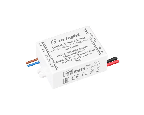 Основное фото Сетевой адаптер Arlight ARPJ-SP-44180-PFC-TRIAC-MINI (8W, 22-44V, 180mA) 047586: Купить в Интернет магазин освещения GCSVET.RU