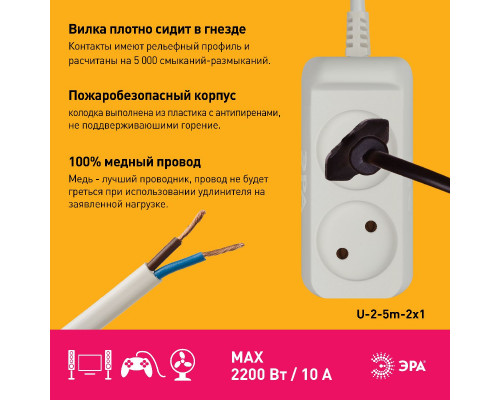 Дополнительное фото Удлинитель электрический Эра U-2-5m-2x1 Б0028361: Купить в Интернет магазин освещения GCSVET.RU