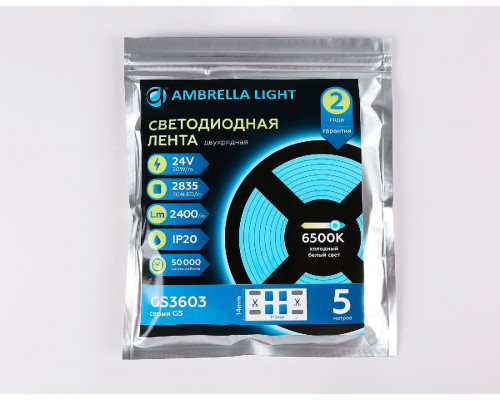 Дополнительное фото Лента светодиодная двухрядная Ambrella Light LED Strip 24В 2835 20Вт/м 6500K 5м IP20 GS3603: Купить в Интернет магазин освещения GCSVET.RU