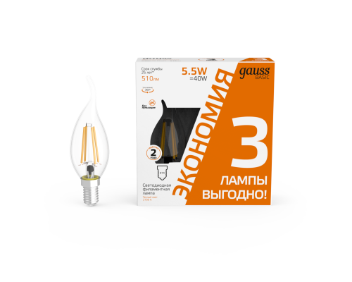 Основное фото Светодиодная лампочка Gauss Basic Filament 1041116T: Купить в Интернет магазин освещения GCSVET.RU