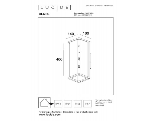 Дополнительное фото Светильник настенный для улицы Lucide Claire 27883/02/31: Купить в Интернет магазин освещения GCSVET.RU