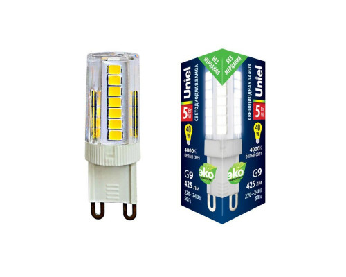 Основное фото Светодиодная лампочка Uniel LED-JCD LED-JCD-5W/4000K/G9/CL GLZ09TR картон: Купить в Интернет магазин освещения GCSVET.RU