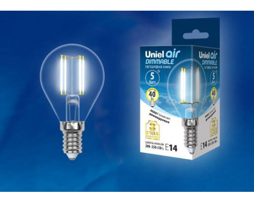 Основное фото Филаментная лампа светодиодная (UL-00002870) Uniel E14 5W 4000K LED-G45-5W/NW/E14/CL/DIM GLA01TR: Купить в Интернет магазин освещения GCSVET.RU
