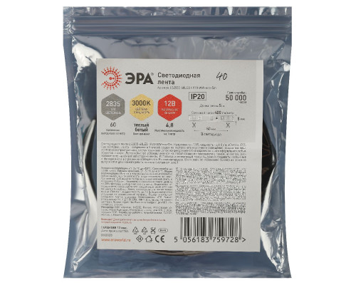 Дополнительное фото Лента светодиодная Эра 12В 2835 4,8Вт/м 3000K 5м IP20 LS2835-60LED-IP20-WW-eco-5m Б0035587: Купить в Интернет магазин освещения GCSVET.RU
