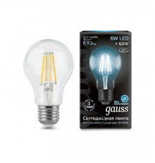 Филаментная лампа светодиодная Gauss E27 6W 4100К прозрачная 1/10/50 102802206