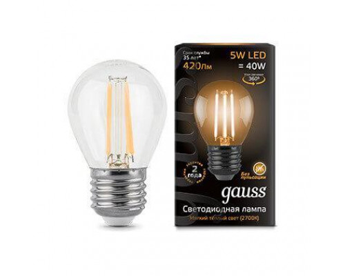 Основное фото Филаментная лампа светодиодная Gauss E27 5W 2700K прозрачная 105802105: Купить в Интернет магазин освещения GCSVET.RU
