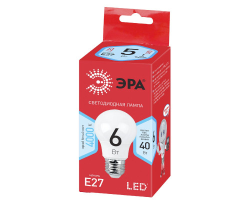 Основное фото Лампа светодиодная Эра E27 6W 4000K LED A55-6W-840-E27 R Б0050688: Купить в Интернет магазин освещения GCSVET.RU
