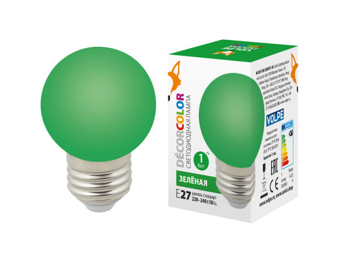Основное фото Светодиодная лампочка Volpe LED-G45 LED-G45-1W/GREEN/E27/FR/С: Купить в Интернет магазин освещения GCSVET.RU