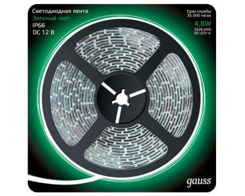 Основное фото Светодиодная лента (влагозащищенная) Gauss 4,8W/m 60LED/m 2835SMD зеленый 5M 311000605: Купить в Интернет магазин освещения GCSVET.RU