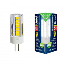 Лампа светодиодная (UL-00006745) Uniel G4 5W 4000K прозрачная LED-JC-220/5W/4000K/G4/CL GLZ09TR