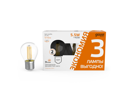 Основное фото Светодиодная лампочка Gauss Basic Filament 1051216T: Купить в Интернет магазин освещения GCSVET.RU
