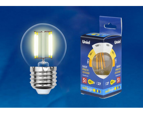 Дополнительное фото Филаментная лампа светодиодная Uniel E14 5W 3000K прозрачная LED-G45-5W/WW/E14/CL/MB GLM10TR: Купить в Интернет магазин освещения GCSVET.RU