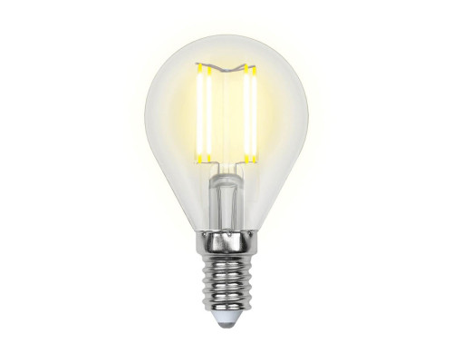 Основное фото Филаментная лампа светодиодная Uniel E14 5W 3000K прозрачная LED-G45-5W/WW/E14/CL/MB GLM10TR: Купить в Интернет магазин освещения GCSVET.RU