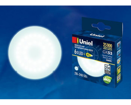 Основное фото Светодиодная лампочка Uniel LED-GX53 LED-GX53-6W/NW/GX53/FR PLZ01WH: Купить в Интернет магазин освещения GCSVET.RU