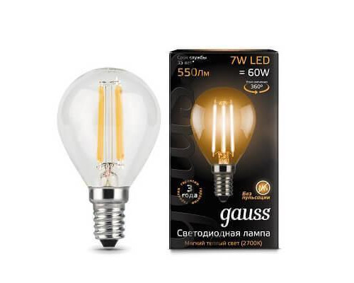 Основное фото Филаментная лампа светодиодная Gauss E14 7W 2700К прозрачная 105801107: Купить в Интернет магазин освещения GCSVET.RU