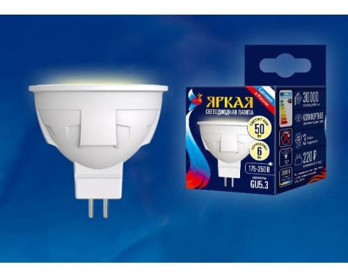 Дополнительное фото Светодиодная лампочка Uniel Яркая LED-JCDR 6W/WW/GU10/FR PLP01WH картон: Купить в Интернет магазин освещения GCSVET.RU