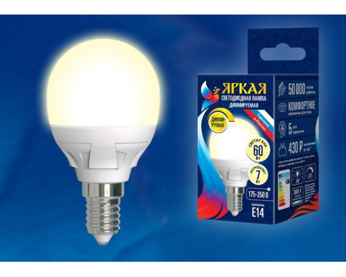 Основное фото Светодиодная лампа для диммера (UL-00004302) Uniel E14 7W 3000K матовая LED-G45 7W/3000K/E14/FR/DIM PLP01WH: Купить в Интернет магазин освещения GCSVET.RU