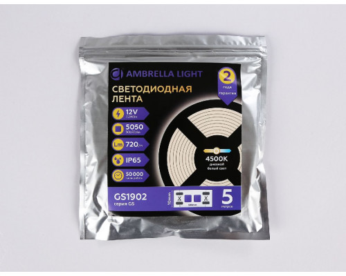 Дополнительное фото Лента светодиодная Ambrella Light LED Strip 12В 5050 7,2Вт/м 4500K 5м IP65 GS1902: Купить в Интернет магазин освещения GCSVET.RU