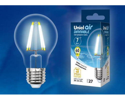Основное фото Светодиодная лампа для диммера (UL-00002874) Uniel E27 7W 4000K LED-A60-7W/NW/E27/CL/DIM GLA01TR: Купить в Интернет магазин освещения GCSVET.RU