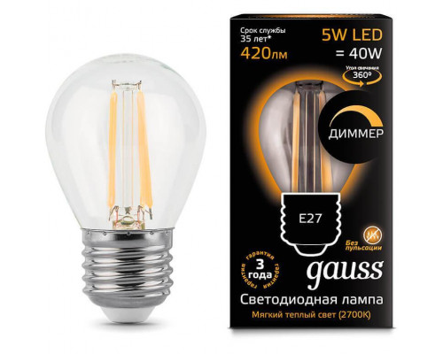 Основное фото Светодиодная лампа для диммера Gauss E27 5W 2700К прозрачная 105802105-D: Купить в Интернет магазин освещения GCSVET.RU
