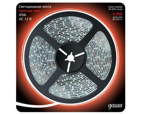 Основное фото Светодиодная лента (влагозащищенная) Gauss 4,8W/m 60LED/m 2835SMD красный 5M 311000705: Купить в Интернет магазин освещения GCSVET.RU