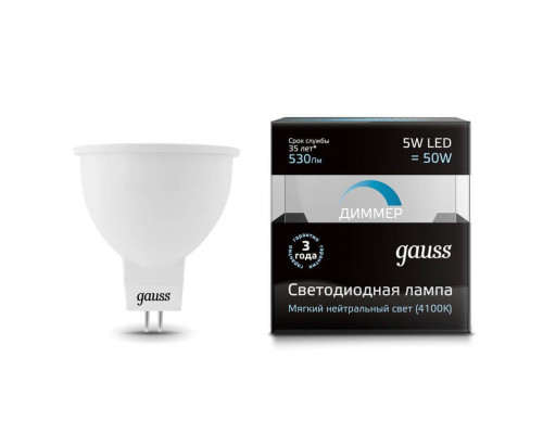 Основное фото Светодиодная лампа для диммера Gauss GU5.3 5W 4100K матовая 101505205-D: Купить в Интернет магазин освещения GCSVET.RU