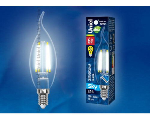 Дополнительное фото Светодиодная лампочка Uniel SKY Candle LED-C35-6W/NW/E14/CL PLS02WH картон: Купить в Интернет магазин освещения GCSVET.RU