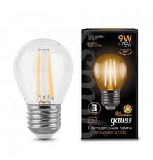 Филаментная лампа светодиодная Gauss E27 9W 2700K прозрачная 105802109