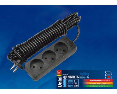 Дополнительное фото Удлинитель (UL-00003606) Uniel 3гн х 7м б/з Standard S-CD3-7 Black: Купить в Интернет магазин освещения GCSVET.RU