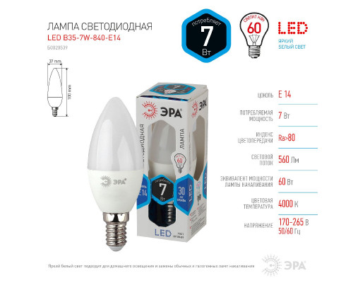 Основное фото Светодиодная лампочка Эра LED B35-7W-840-E14 Б0020539: Купить в Интернет магазин освещения GCSVET.RU