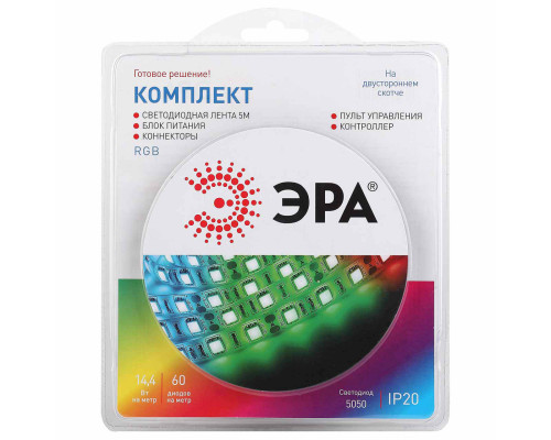 Основное фото Лента светодиодная ЭРА 14,4W/m 60LED/m 5050SMD RGB 5M 5050kit-14,4-60-12-IP20-RGB-5m Б0043067: Купить в Интернет магазин освещения GCSVET.RU