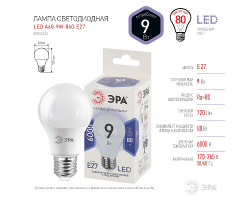 Основное фото Светодиодная лампочка Эра LED A60-9W-860-E27 Б0032248: Купить в Интернет магазин освещения GCSVET.RU