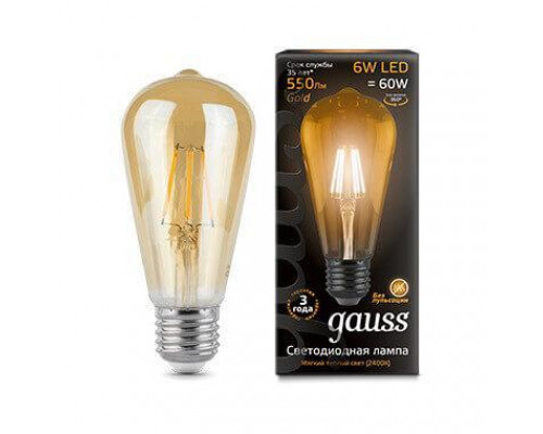 Основное фото Филаментная лампа светодиодная Gauss E27 6W 2400К золотая 102802006: Купить в Интернет магазин освещения GCSVET.RU