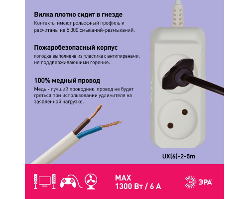 Дополнительное фото Удлинитель электрический Эра UX(6)-2-5m Б0038566: Купить в Интернет магазин освещения GCSVET.RU