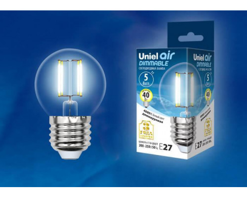 Основное фото Филаментная лампа светодиодная (UL-00002871) Uniel E27 5W 4000K LED-G45-5W/NW/E27/CL/DIM GLA01TR: Купить в Интернет магазин освещения GCSVET.RU