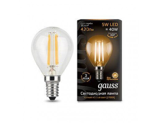 Основное фото Филаментная лампа светодиодная Gauss E14 5W 2700K прозрачная 105801105: Купить в Интернет магазин освещения GCSVET.RU