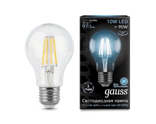 Основное фото Филаментная лампа светодиодная Gauss E27 10W 4100К прозрачная 102802210: Купить в Интернет магазин освещения GCSVET.RU