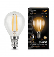 Филаментная лампа светодиодная Gauss E14 9W 2700К прозрачная 105801109