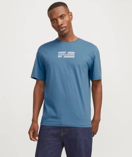 Camiseta Jack & Jones color petrol de algodón orgánico con estampado de goma, suave al tacto y cómodo