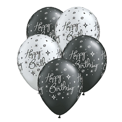 Шары черные и белые с надписью Happy Birthday