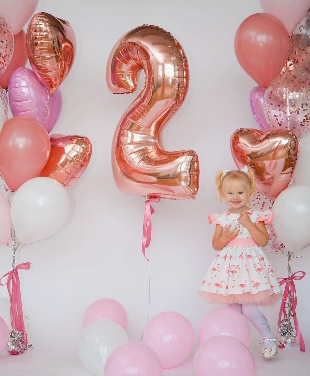 интерьерный набор шаров розовое золото с цифрой и шарами на пол