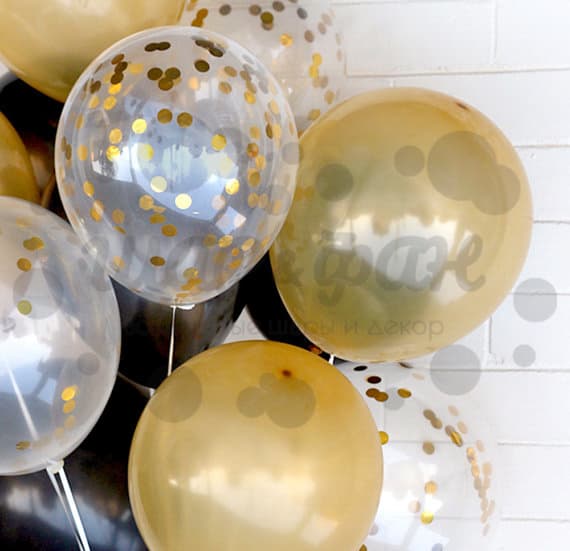 облако золото-черных шаров с конфетти 