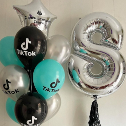 Бирюзовые, серебряные и черные шары в стиле TikTok с фольгированной цифрой