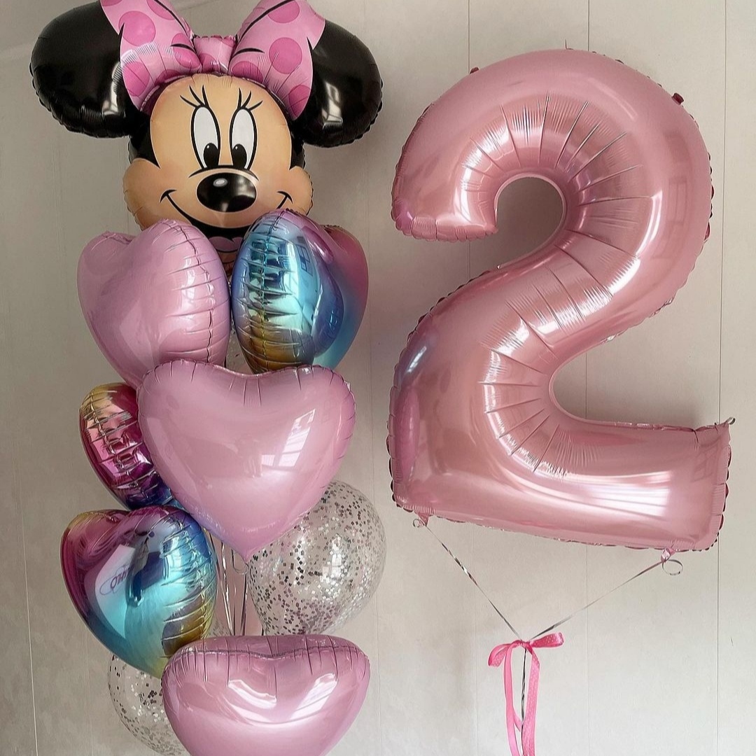 нежные розовые шарики для девочки на 2 года с фольгированным сердцем и минни маус