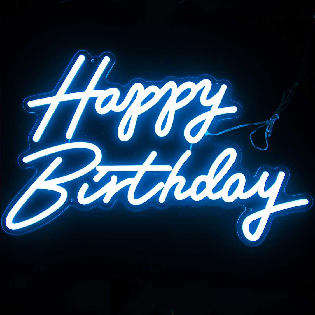 световая надпись на подложке happy birthday, 35*57 см. голубой
