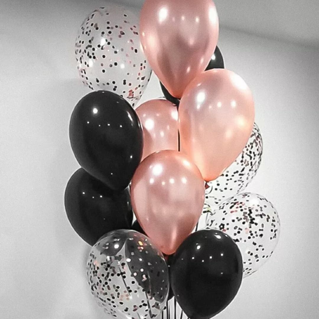 облако из черных и розовых шаров с конфети