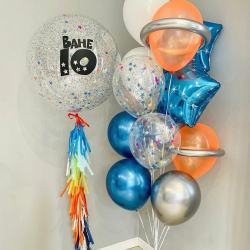 Композиция "Космос" из синих, серебряных и оранжевых шариков